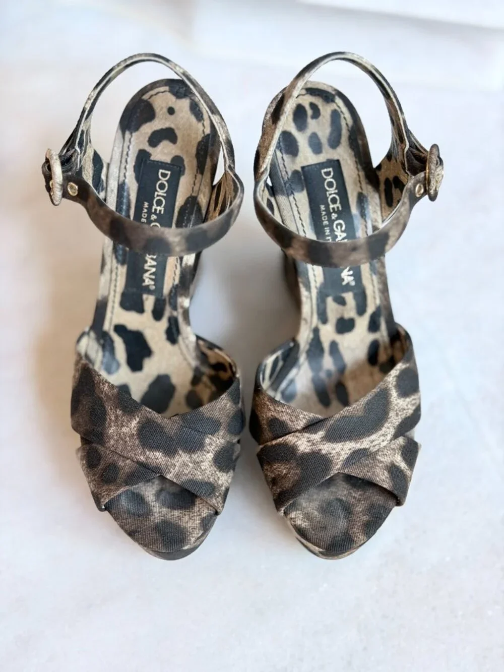 Dolce & Gabbana Leopard Print Canvas Leather Wedge Sandals